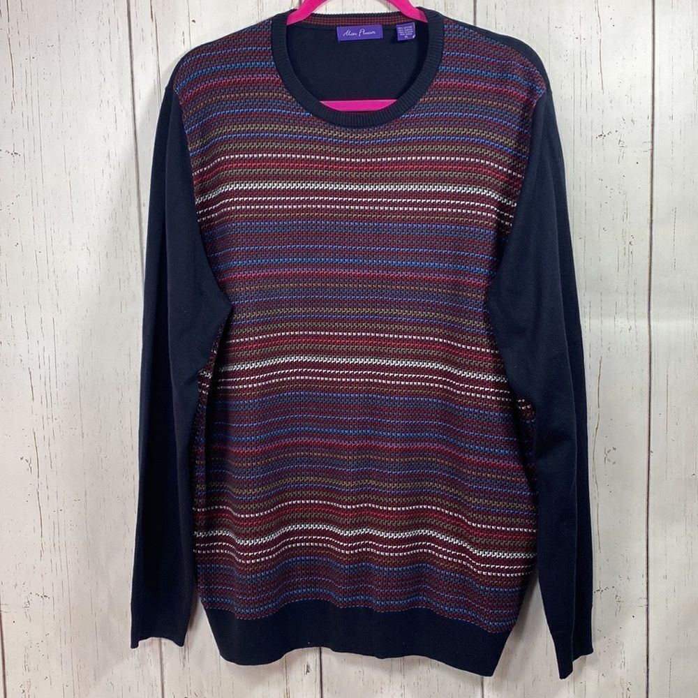 Alan Flusser Navy Multicolor Stripe Knit Sweater Preppy Grandpa Classic Size XL